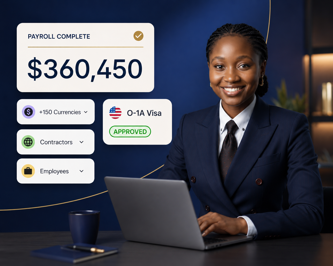 A Utiva payroll specialist beside a completed global payroll summary.